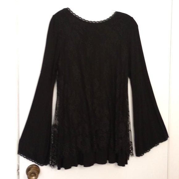 Altar'd State Black Lace Overlay Bell Sleeved Tunic Blouse - Picture 7 of 10